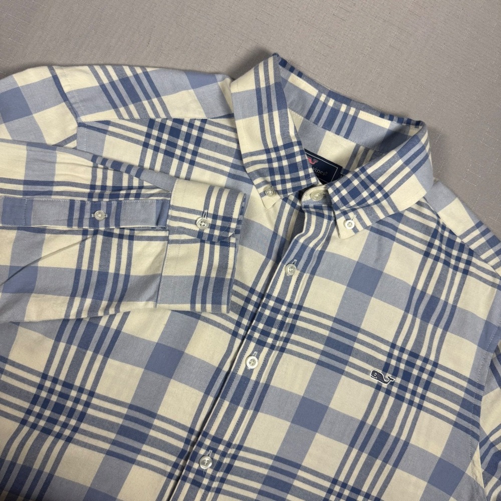 Vineyard Vines Classic Fit Whale Shirt Mens Large Blue White Plaid Button Down